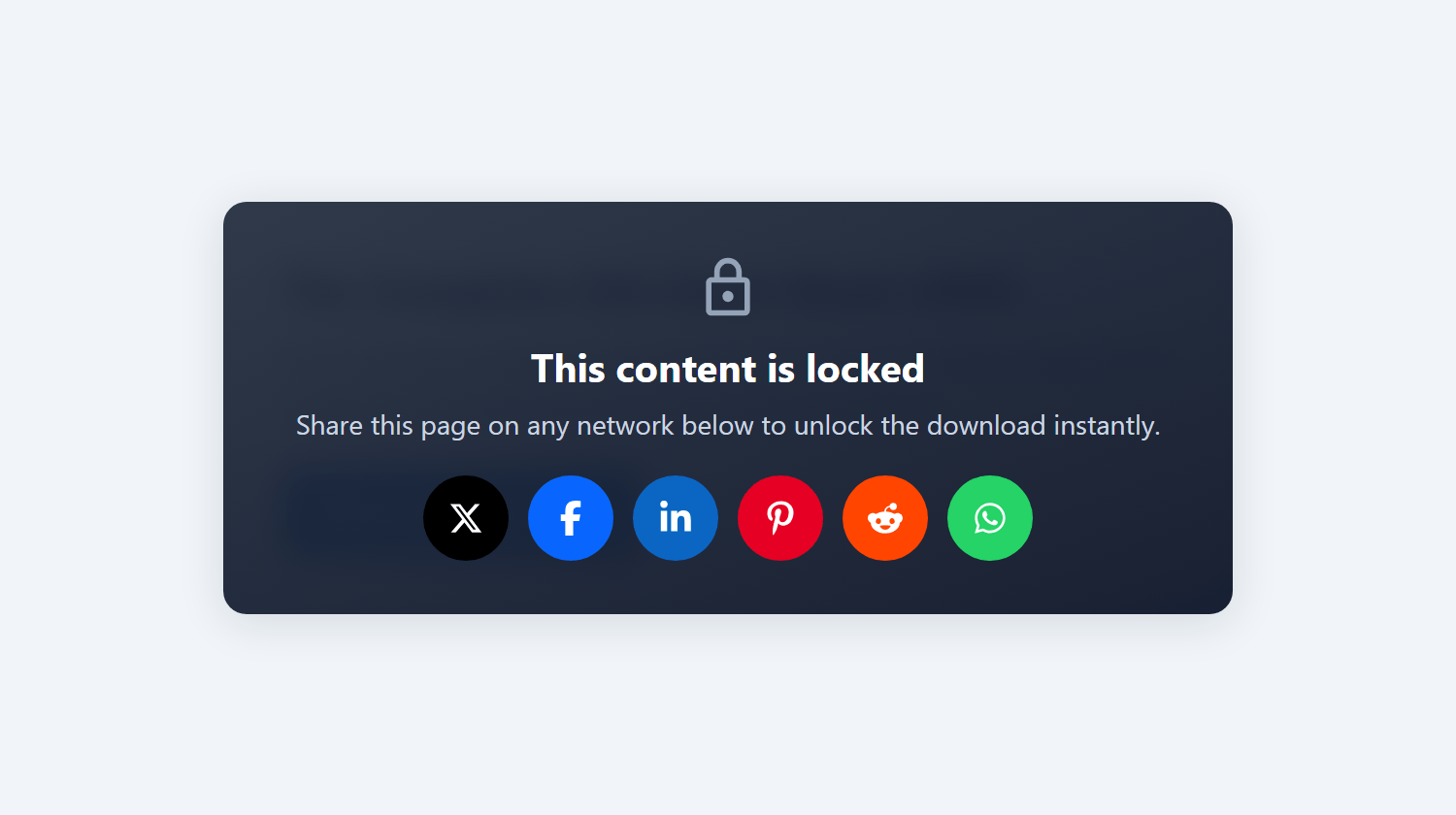 The locked state of the content locker with a blurred download card and six social share buttons