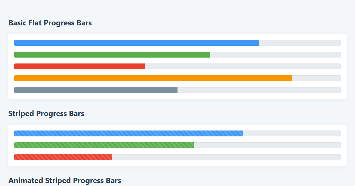 Modern Pure CSS Progress Bars 5 Colors Styles Code Snippet 