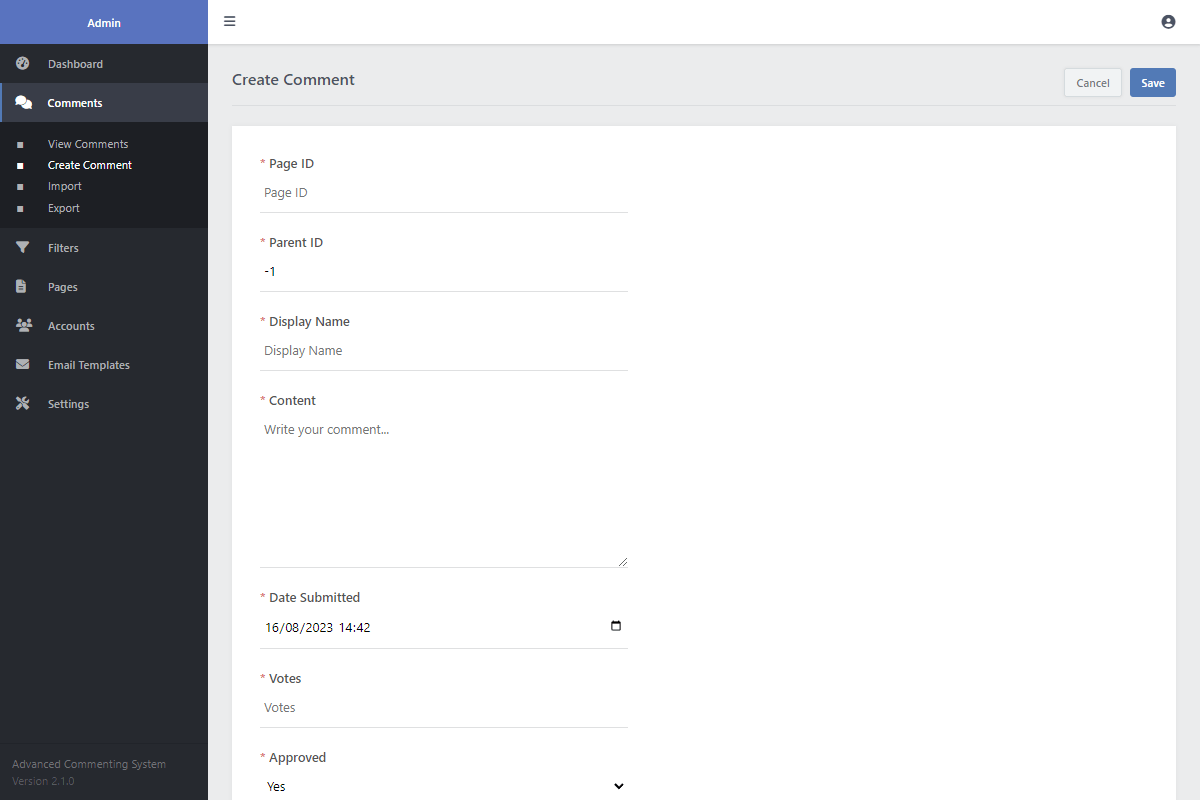 Admin Manage Comment Form