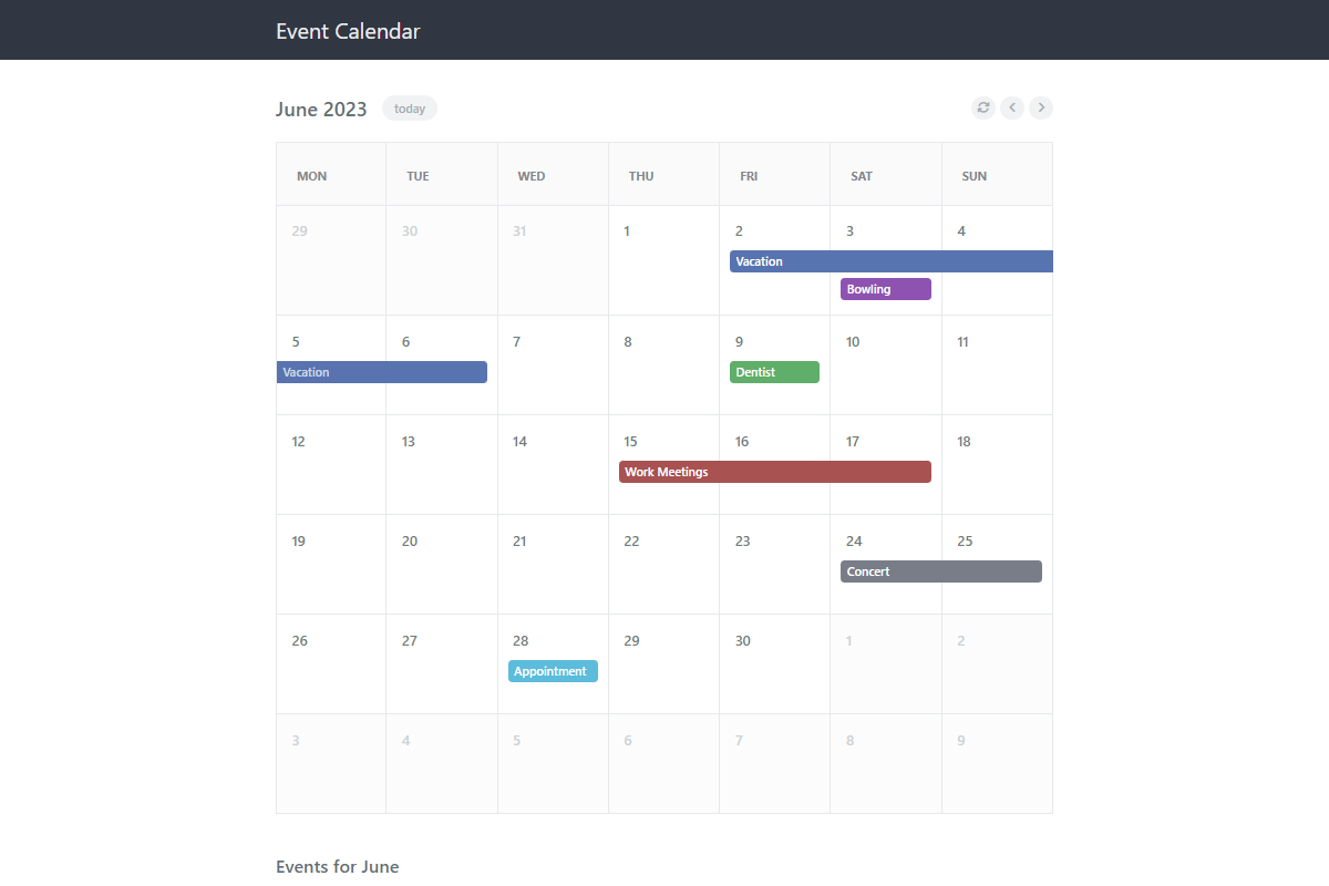 Event Calendar Interface