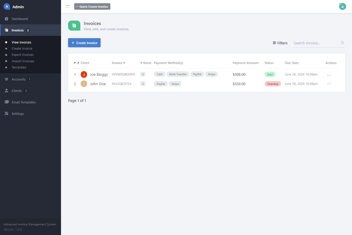 Admin Panel View Invoices List