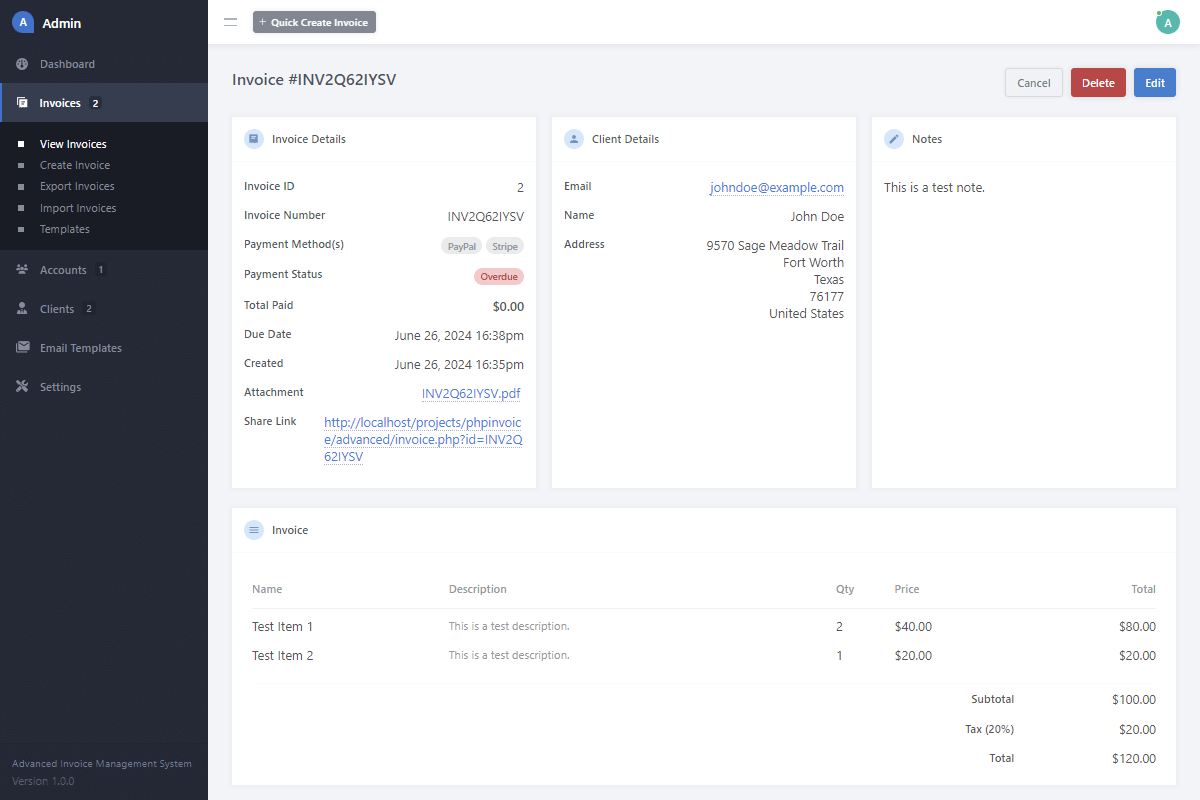 Admin Panel View Invoice Interface