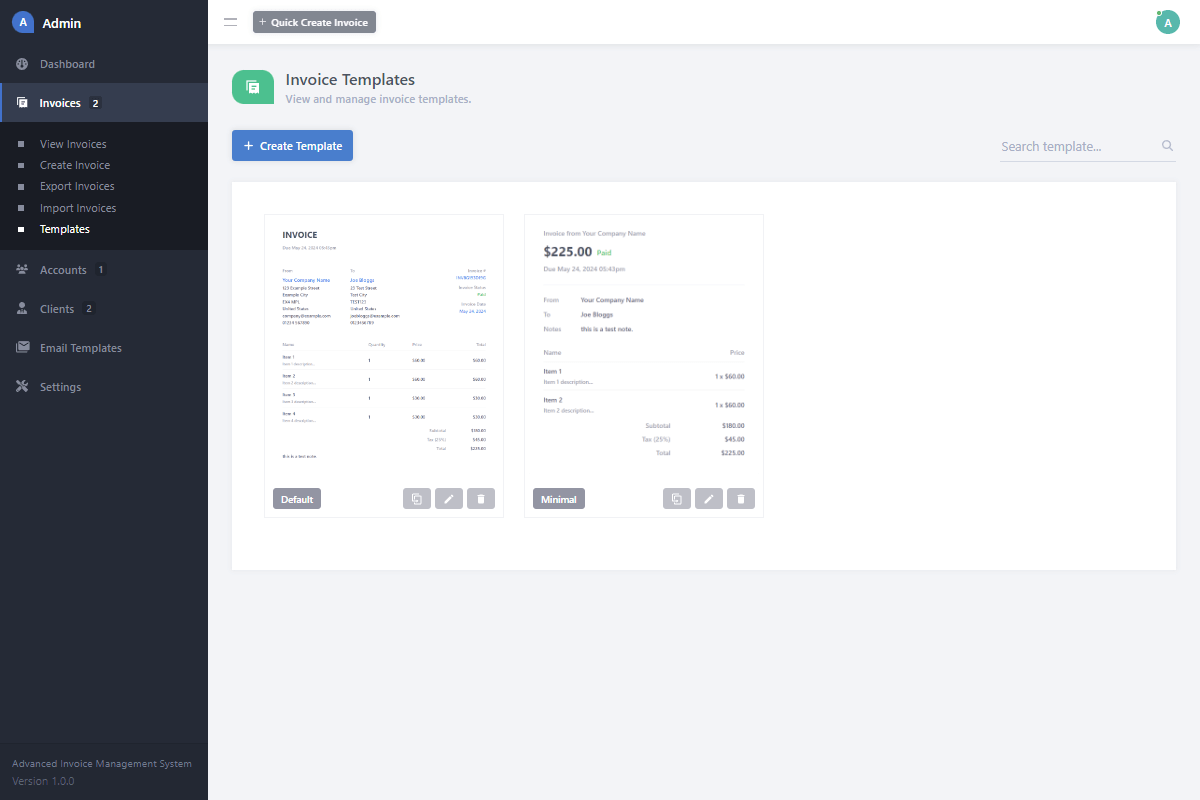 Admin Panel View Invoice Templates