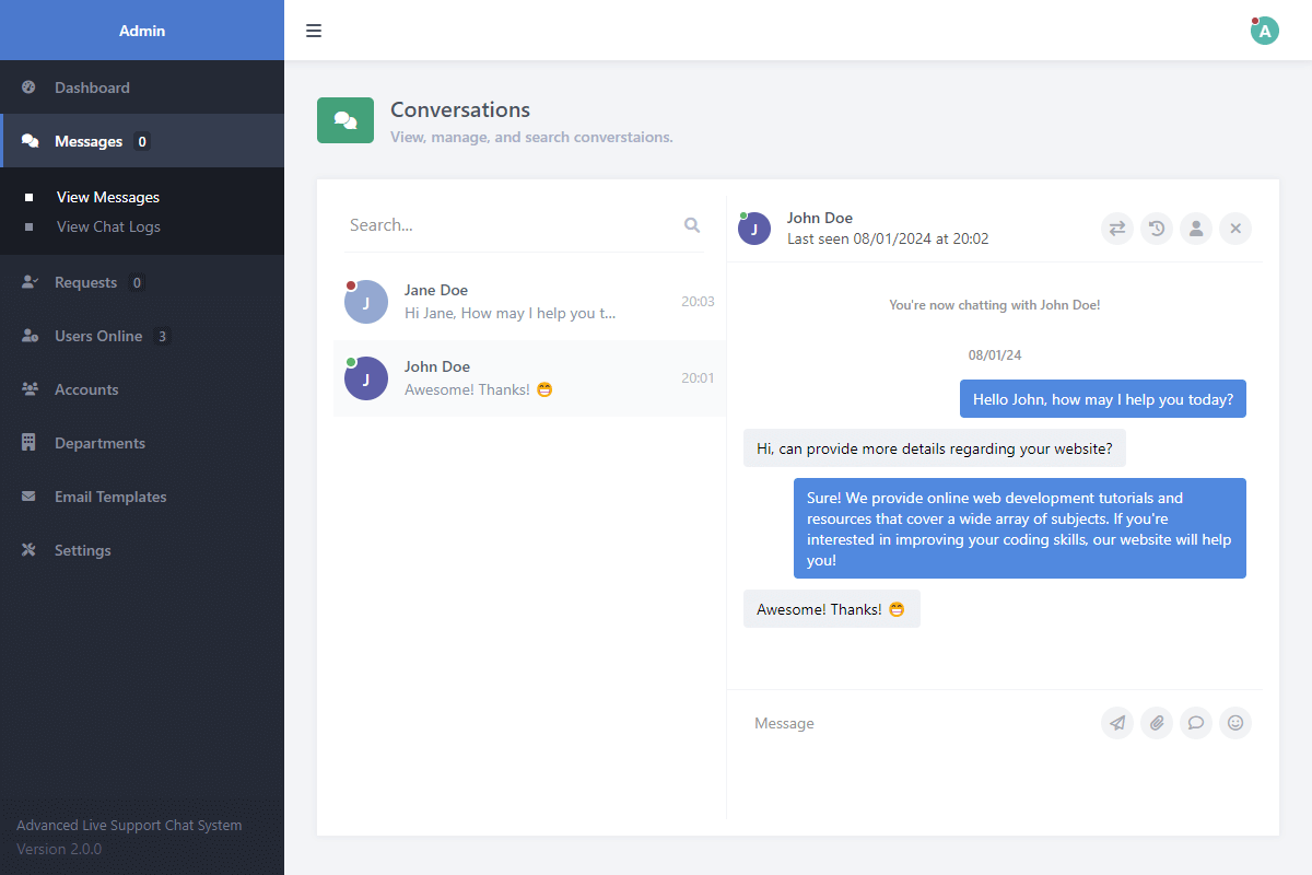 Live Support Chat Admin Conversation Interface