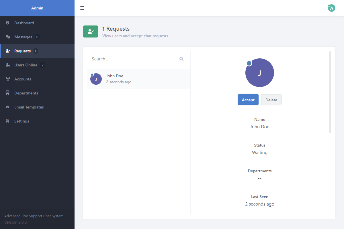 Live Support Chat Admin Requests Interface