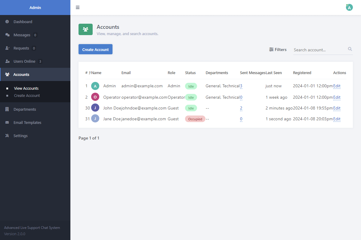 Live Support Chat Admin Accounts Interface