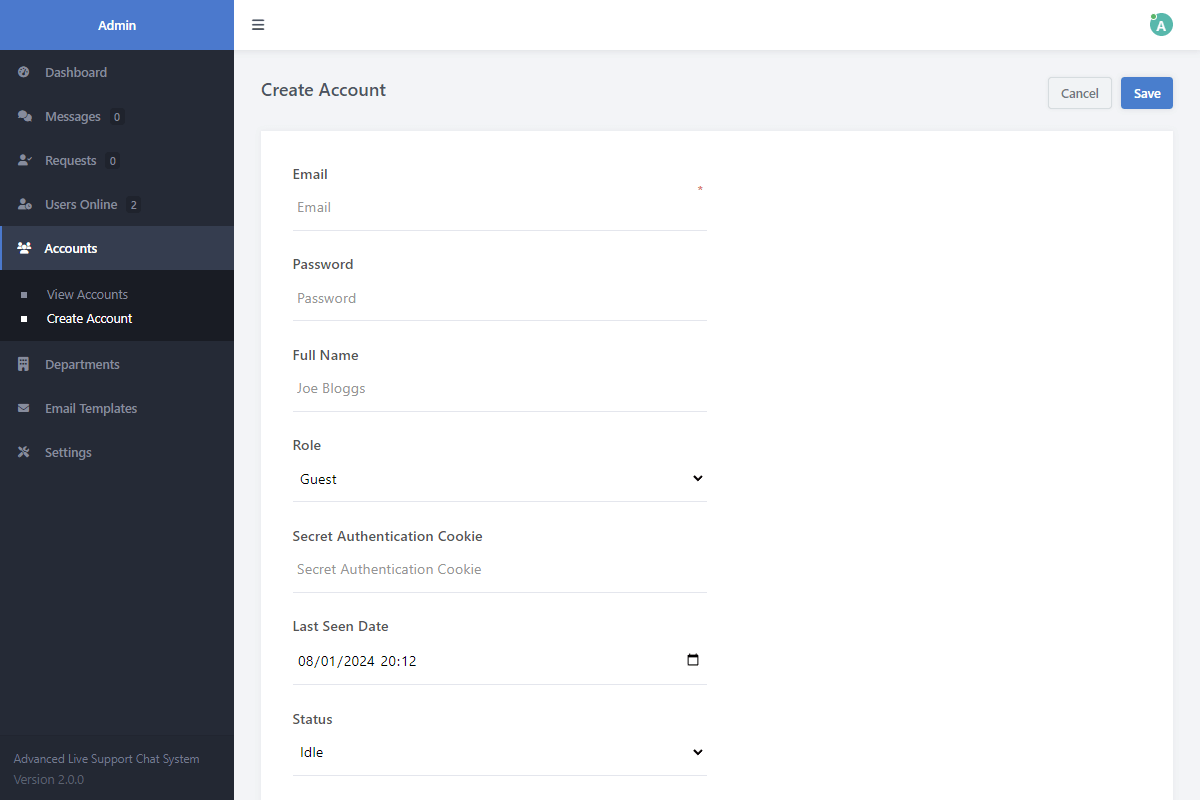 Live Support Chat Admin Create Account Interface