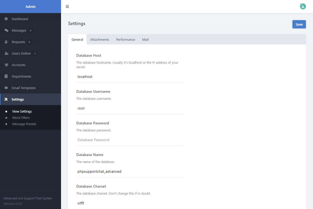 Live Support Chat Admin Settings Interface