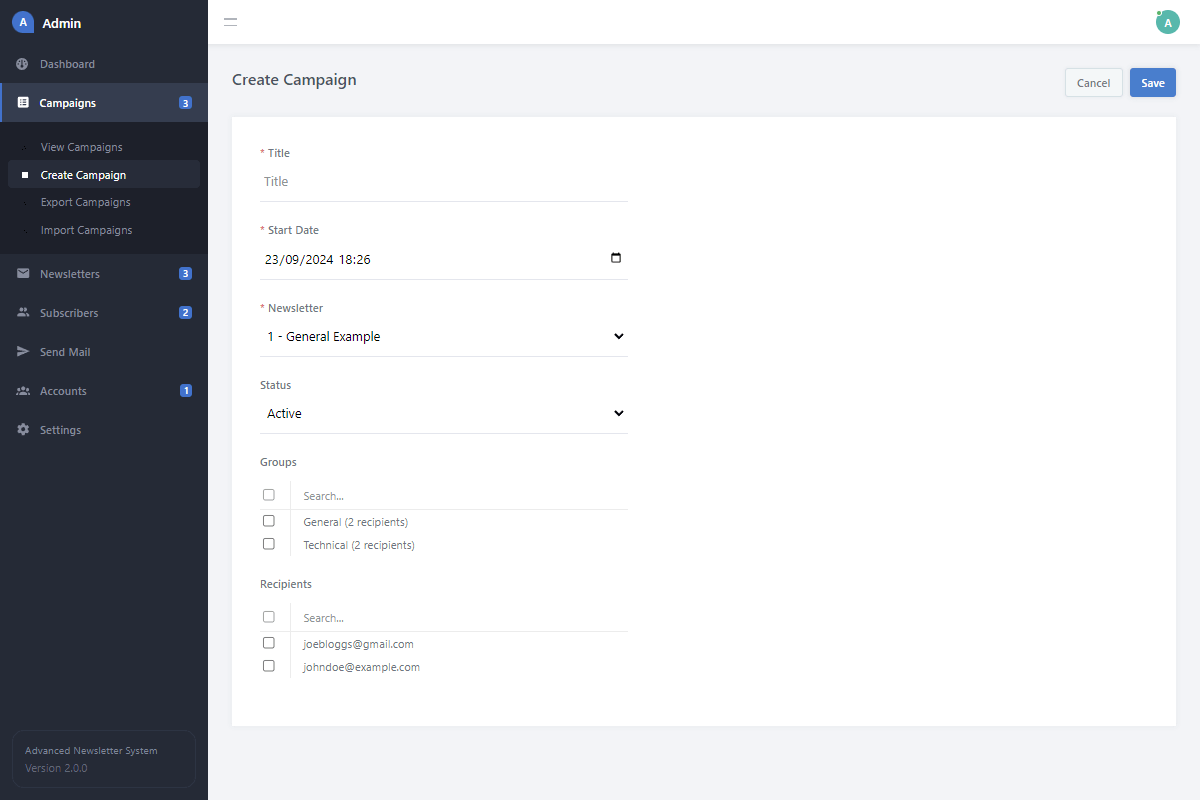 Newsletter Admin Campaign Creation