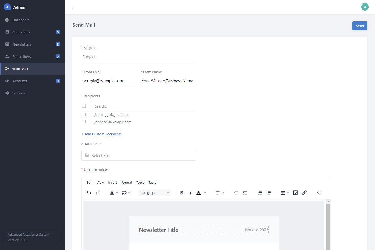 Newsletter Admin Send Mail Interface