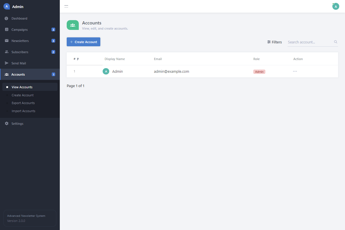 Newsletter Admin Accounts Overview