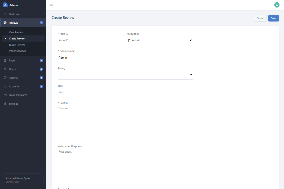 Admin Create Review Form