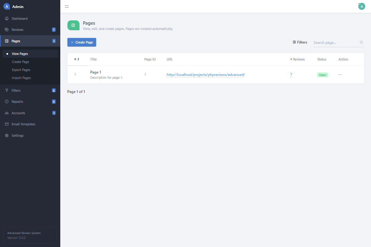 Admin Review Pages List