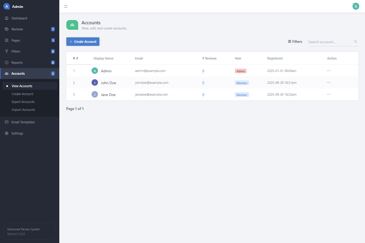 Admin Reviews Accounts List