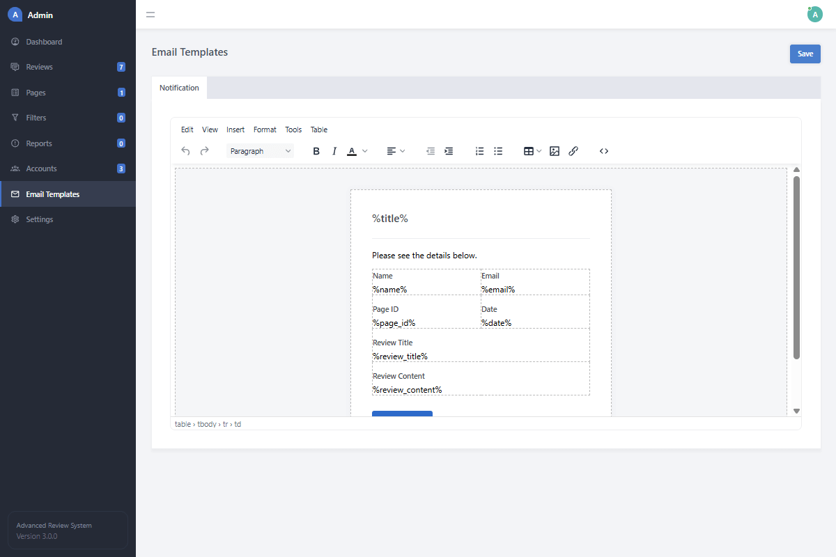 Admin Reviews Email Templates Editor