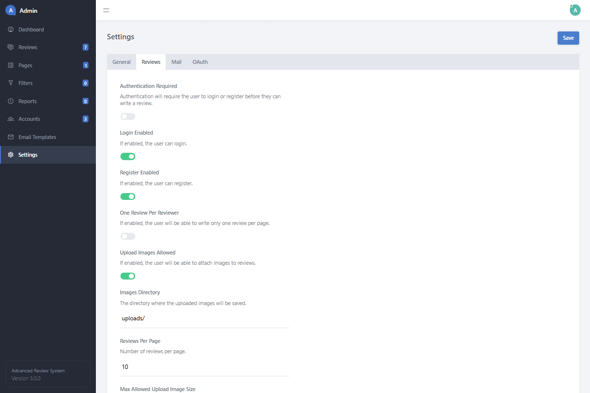Admin Reviews Settings Interface
