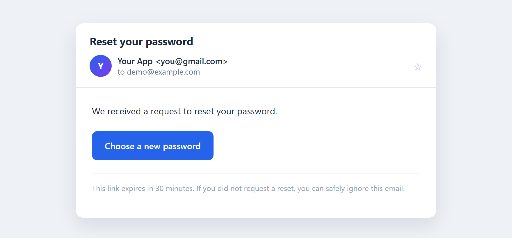 A password reset email containing a secure reset link