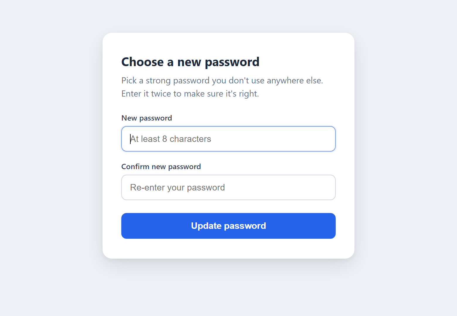The reset password form with new password and confirm fields