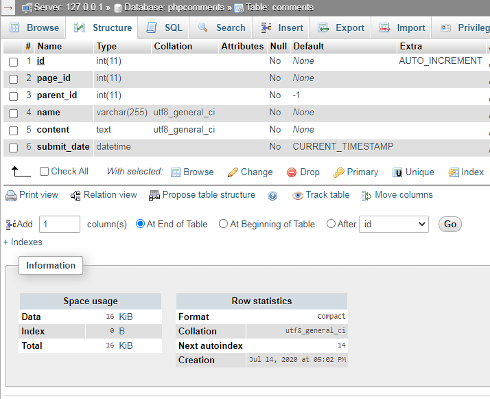 MySQL Comments Table Structure