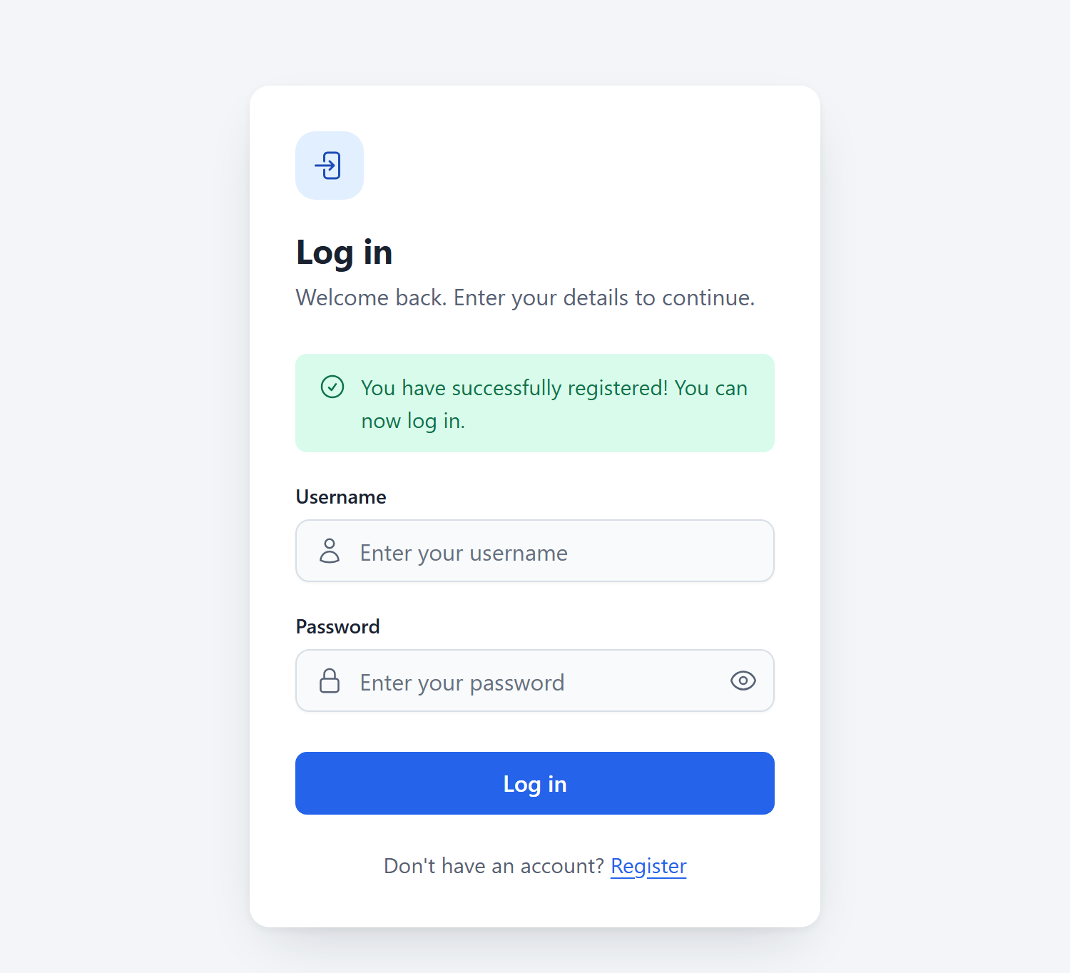 Flask login form with a success message after registering