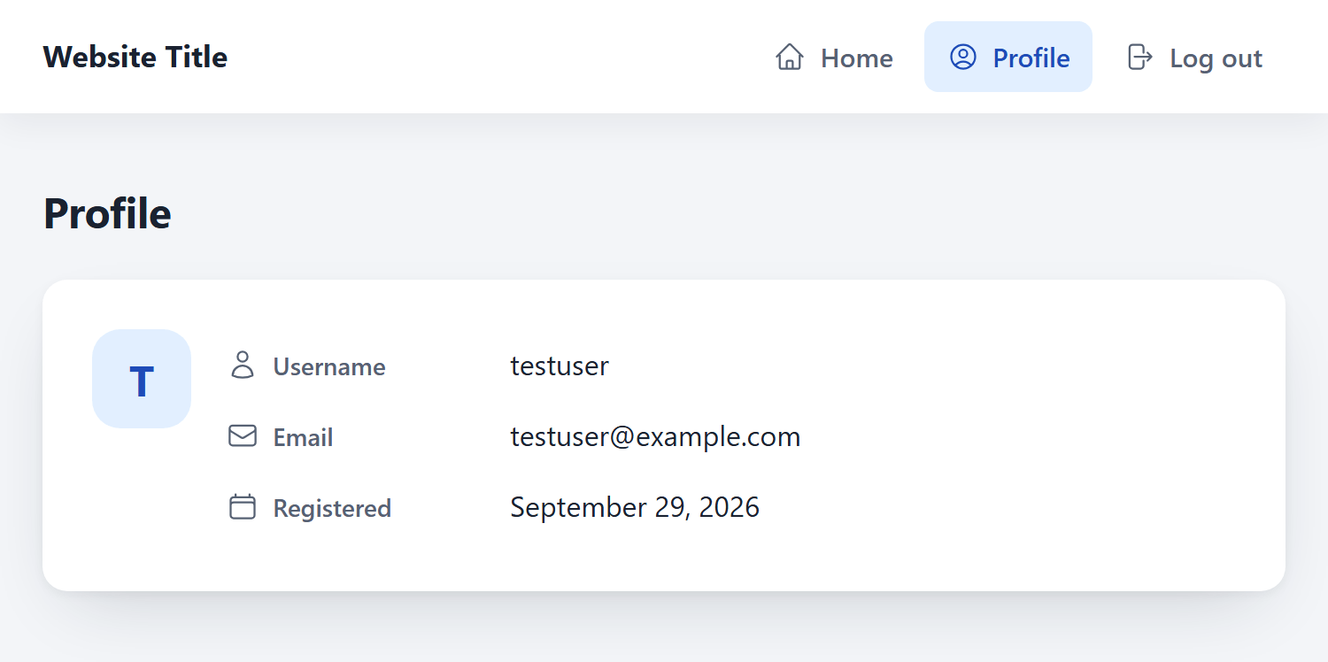 Flask profile page listing the username, email and registration date