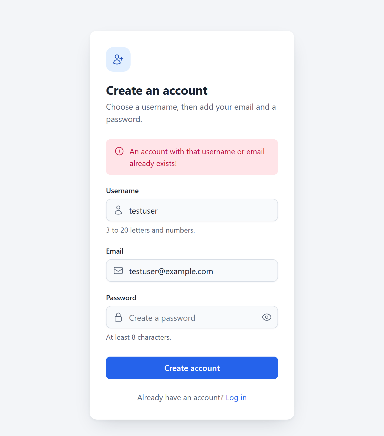 Flask registration form showing an account already exists error