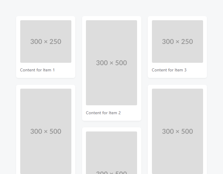 Responsive masonry layout on a desktop screen HTML CSS JavaScript