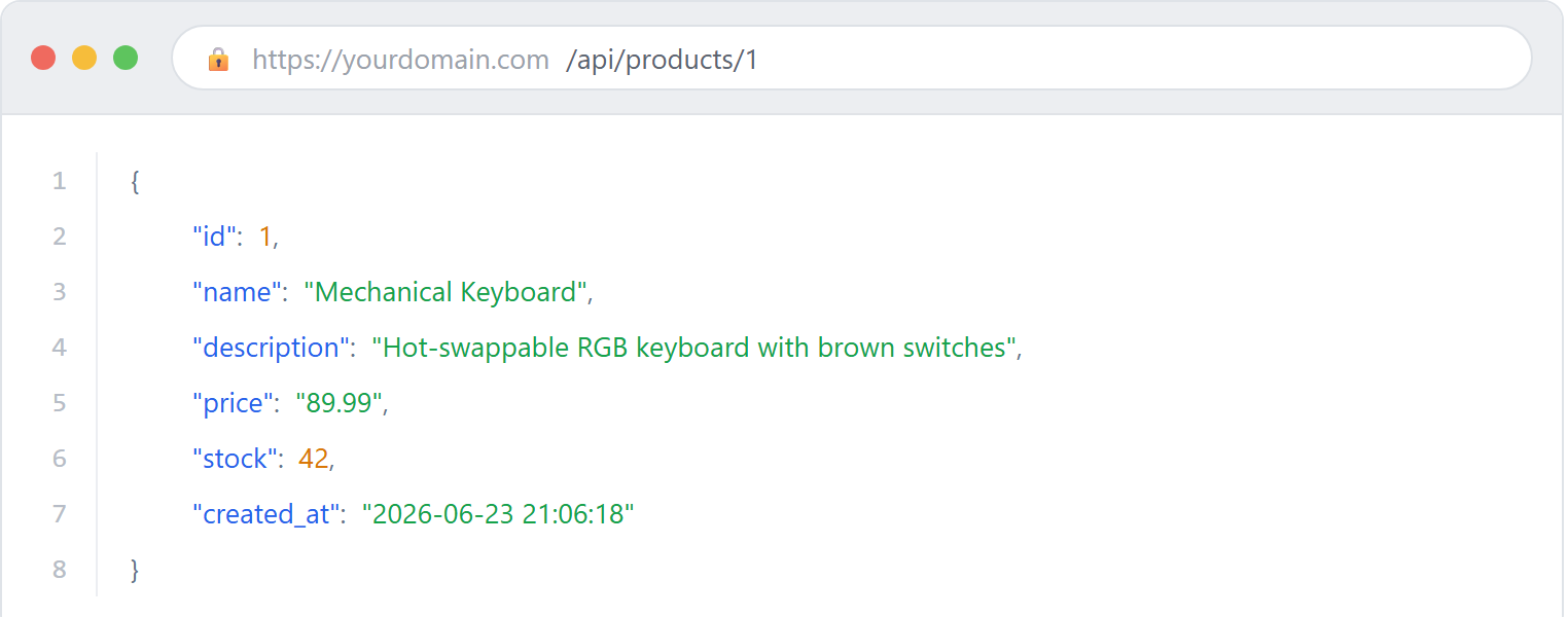 A single product returned as a JSON response from the GET endpoint in a browser