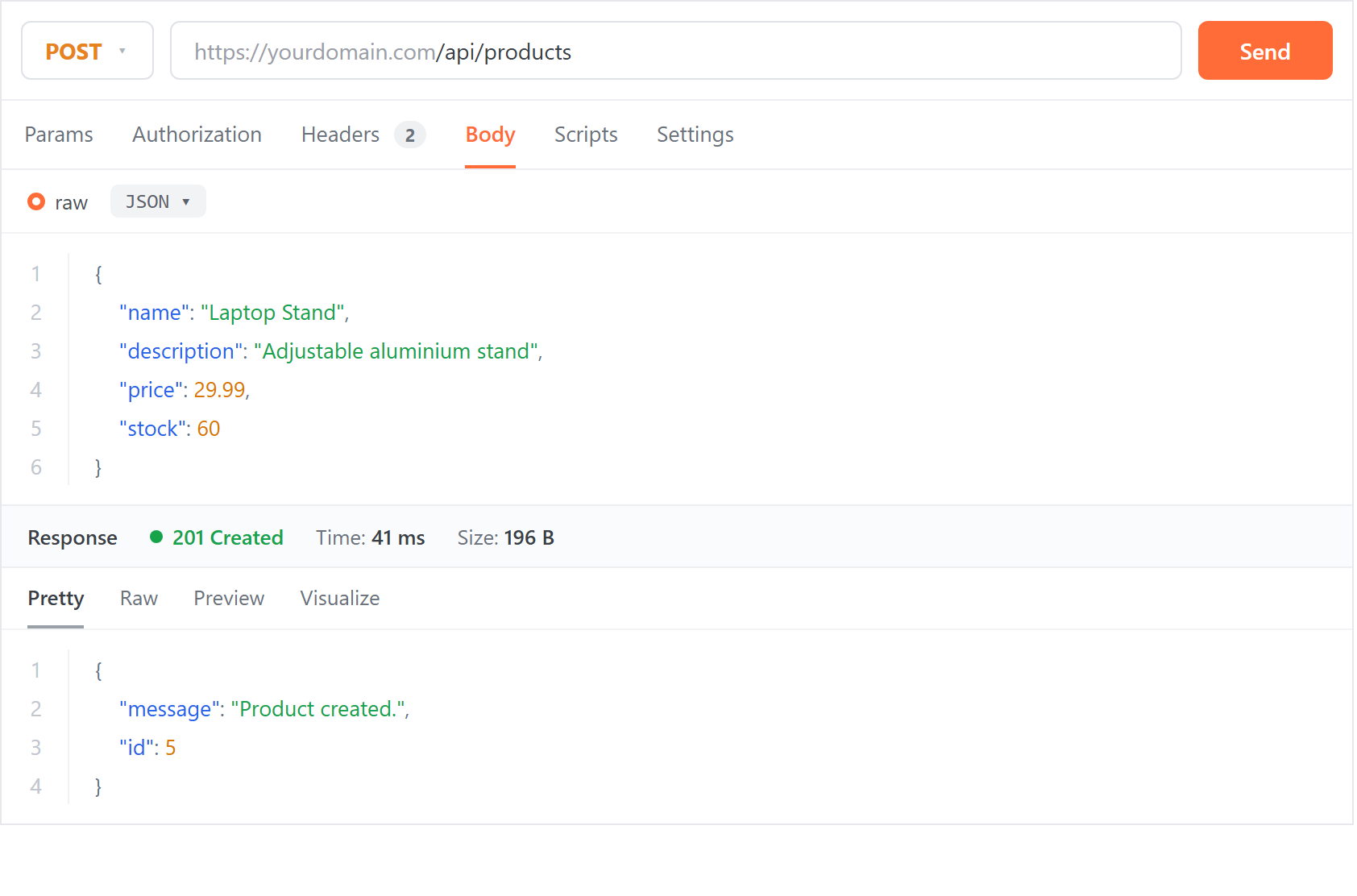 Sending a POST request to create a product in Postman and getting a 201 Created response