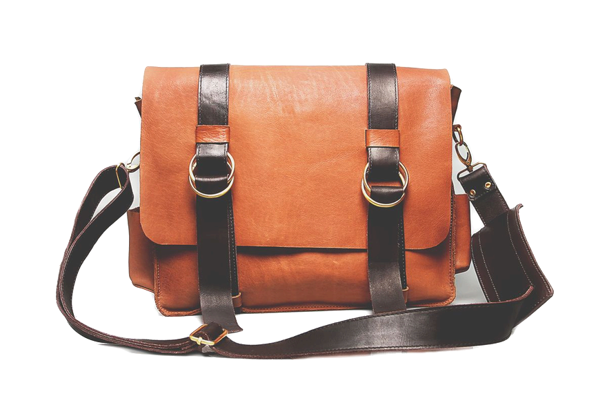 The same leather messenger bag as a cutout on a transparent background